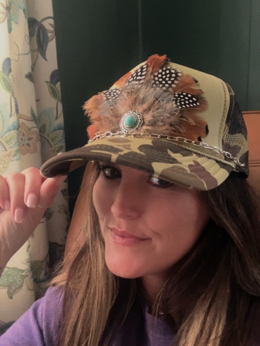 Camo Feather Embellished Trucker Hat - Turquoise Accent